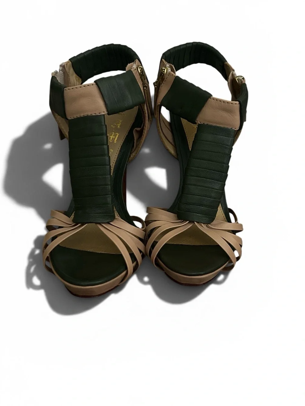 L.A.M.B. Zada Stiletto Cage Ankle Strappy High Heels Size 7.5 Green Tan Leather